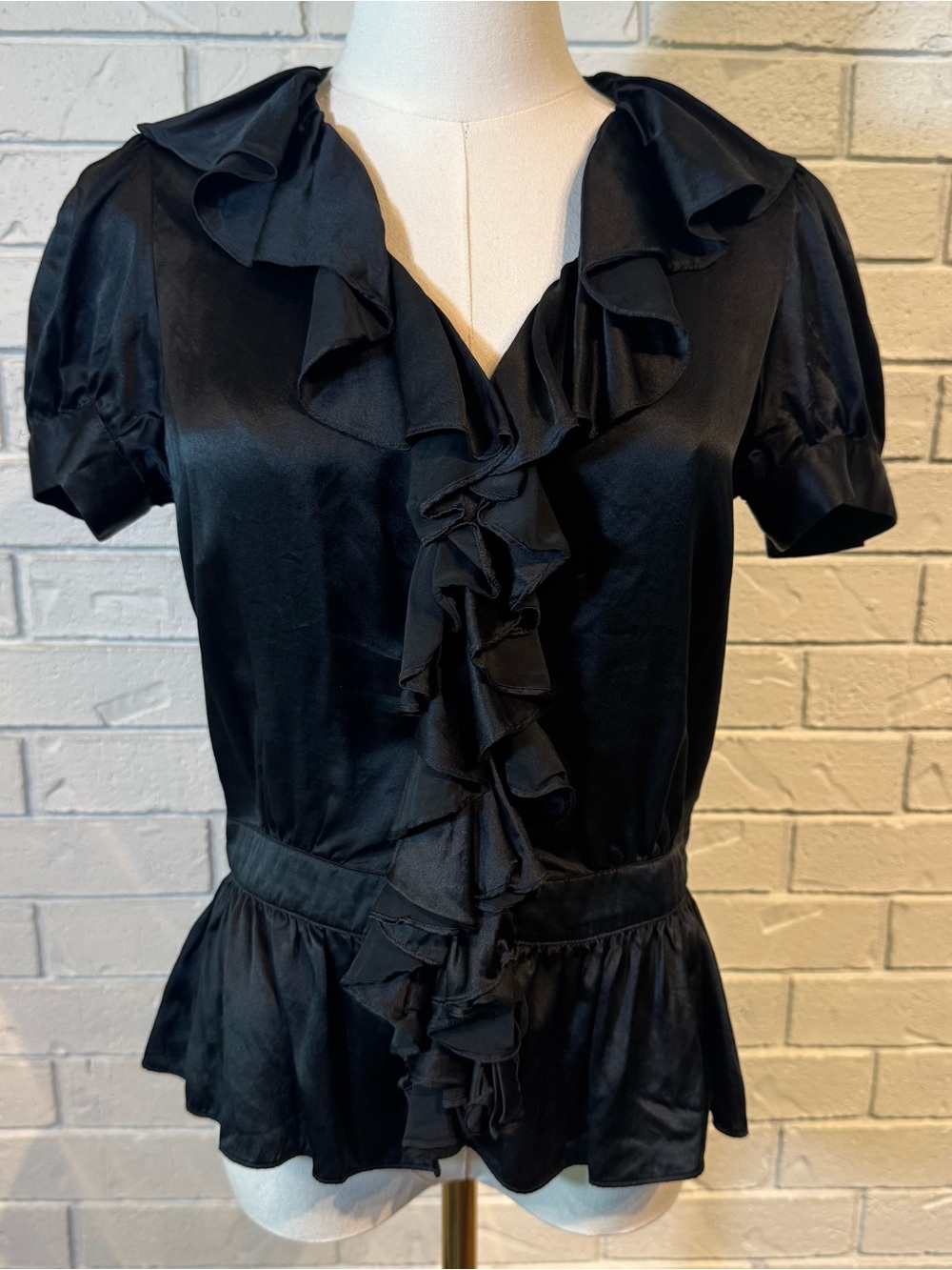 Y2k Ralph Lauren Rugby 100% Silk Black Ruffle V-Neck Peplum Top Womens 4